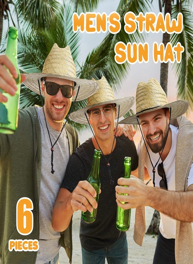 SEEWEY 6 Pieces Men's Straw Sun Hat Wide Brim Summer Beach Hat Farmer Sun Protection Straw Hat with Removable Wind Lanyard Yellow - Image 3