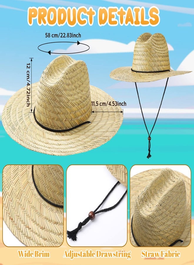 SEEWEY 6 Pieces Men's Straw Sun Hat Wide Brim Summer Beach Hat Farmer Sun Protection Straw Hat with Removable Wind Lanyard Yellow - Image 2