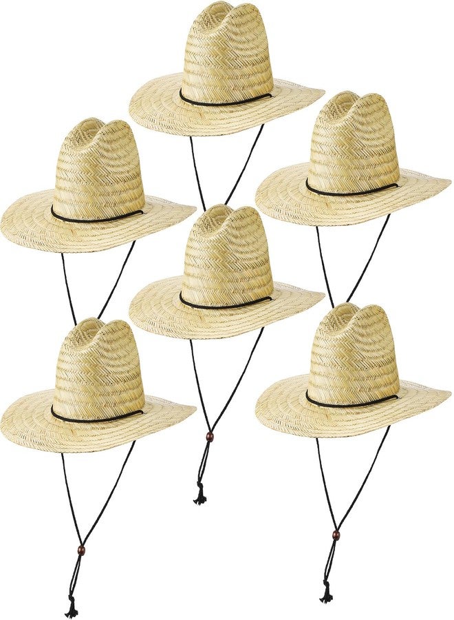 SEEWEY 6 Pieces Men's Straw Sun Hat Wide Brim Summer Beach Hat Farmer Sun Protection Straw Hat with Removable Wind Lanyard Yellow - Image 1