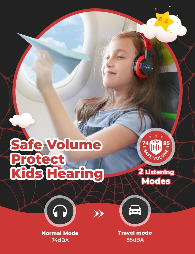iClever BTH12 Kids Bluetooth Headphones,Colorful LED Lights,74/85dBA Safe Volume,85H Playtime,Fast Charging,Bluetooth 5.2,Over Ear Kids Headphones Wireles for iPad/Tablet/Airplane,Black/Red - Image 3