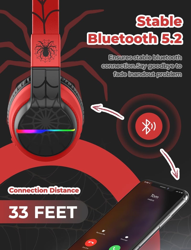 iClever BTH12 Kids Bluetooth Headphones,Colorful LED Lights,74/85dBA Safe Volume,85H Playtime,Fast Charging,Bluetooth 5.2,Over Ear Kids Headphones Wireles for iPad/Tablet/Airplane,Black/Red - Image 5