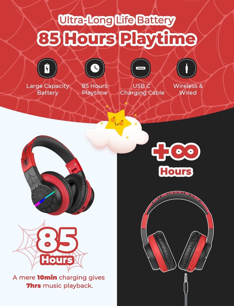 iClever BTH12 Kids Bluetooth Headphones,Colorful LED Lights,74/85dBA Safe Volume,85H Playtime,Fast Charging,Bluetooth 5.2,Over Ear Kids Headphones Wireles for iPad/Tablet/Airplane,Black/Red - Image 4