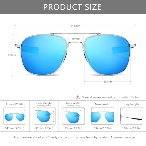 SUNGAIT Men's Military Style Polarized Pilot Aviator Sunglasses - Bayonet Temples (Silver Frame/Blue Mirrored Lens) SGT285YBL - Image 5