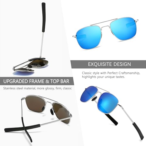 SUNGAIT Men's Military Style Polarized Pilot Aviator Sunglasses - Bayonet Temples (Silver Frame/Blue Mirrored Lens) SGT285YBL - Image 4