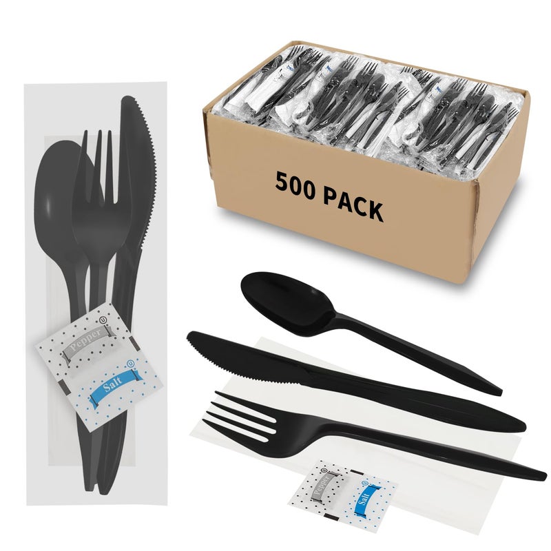 500 Pack Knife Fork Spoon Napkin Salt Pepper Sets Individually Wrapped Black Plastic Cutlery Packets for Delivery Cafeterias Restaurants