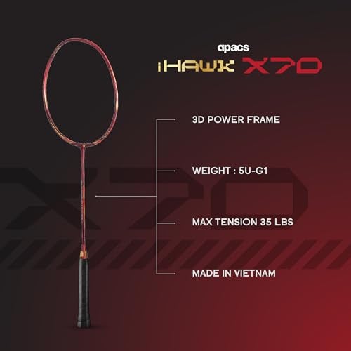 Apacs iHawk X70 (Unstrung) Full Graphite Ultra Strong Carbon Fibre (75-79g) | 35 LBS Max Tension | 3D Power Frame | Made in Vietnam Badminton Racket with Full Cover (Maroon) (All Rounder) - Image 3