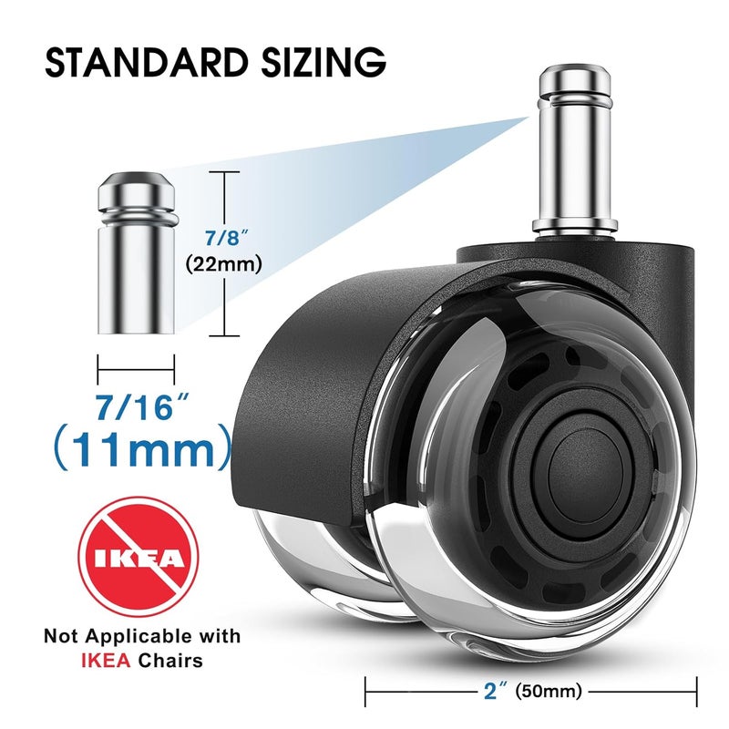 MaxGear Office Chair Wheels, 2 Inch Replacement Soft Mute Desk Caster Wheels for Work & Gaming Chair, Heavy Duty and Safe Rolling for All Floors & Hardwood, Universal Fit for 98% of Chairs, Set of 5 - Image 2