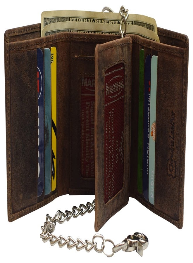 Marshal RFID Blocking Mens Chain Biker Vintage Genuine Leather Classic Trifold Wallet (Brown with Chain) - Image 3