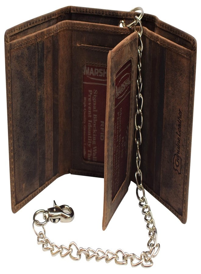 Marshal RFID Blocking Mens Chain Biker Vintage Genuine Leather Classic Trifold Wallet (Brown with Chain) - Image 1