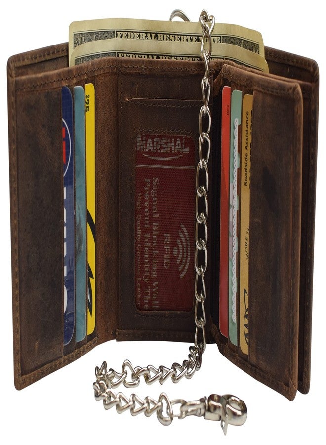 Marshal RFID Blocking Mens Chain Biker Vintage Genuine Leather Classic Trifold Wallet (Brown with Chain) - Image 4