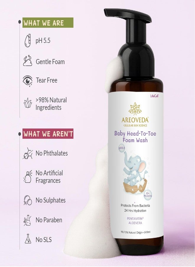 AreoVeda Baby Head-To-Toe Foam Wash With Self-Foaming Pump (500ml) I Tear-Free Baby Wash I 24 Hrs Hydration I pH 5.5 With PENTAVITIN® & Aloe Vera I Safe from Day 1 I Lab Tested, Ecocert Certified, EWG Verified - Image 4