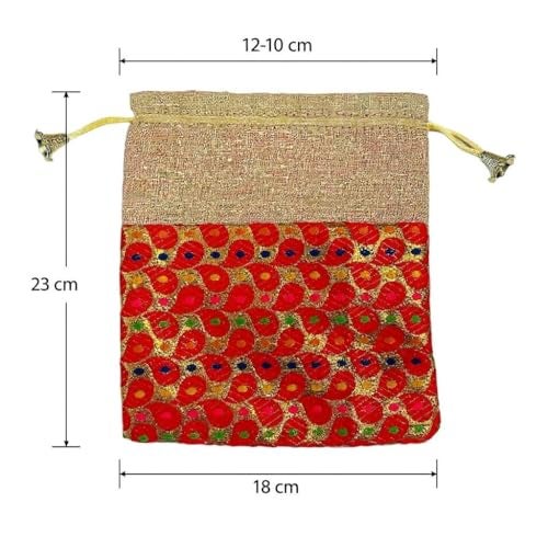 KRIWIN Decorative Potli Gift Bags, Red Floral Print with Beige Jute, 23 x 18 cm, Pack of 10, 500g Capacity - Image 4