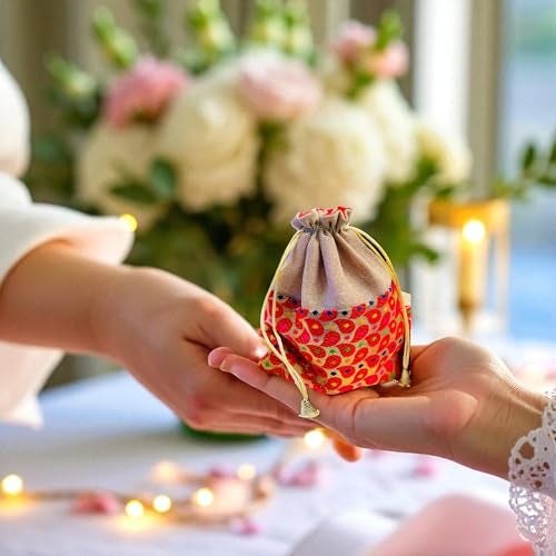 KRIWIN Decorative Potli Gift Bags, Red Floral Print with Beige Jute, 23 x 18 cm, Pack of 10, 500g Capacity - Image 5
