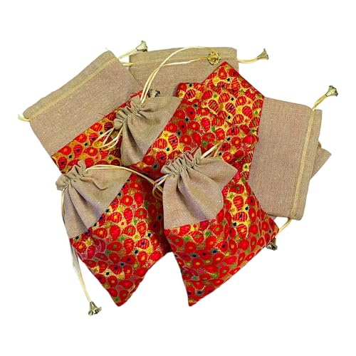 KRIWIN Decorative Potli Gift Bags, Red Floral Print with Beige Jute, 23 x 18 cm, Pack of 10, 500g Capacity - Image 1