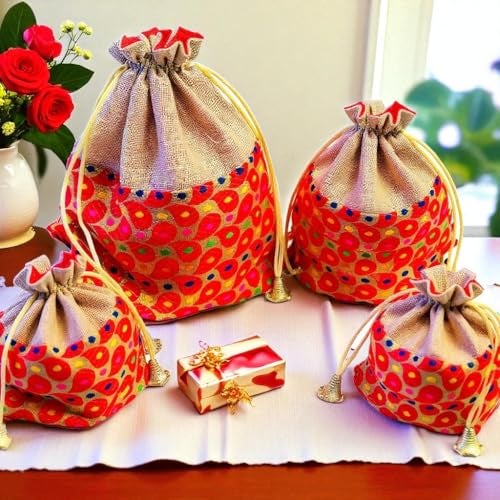 KRIWIN Decorative Potli Gift Bags, Red Floral Print with Beige Jute, 23 x 18 cm, Pack of 10, 500g Capacity - Image 3
