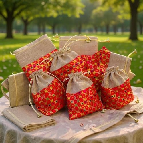 KRIWIN Decorative Potli Gift Bags, Red Floral Print with Beige Jute, 23 x 18 cm, Pack of 10, 500g Capacity - Image 2