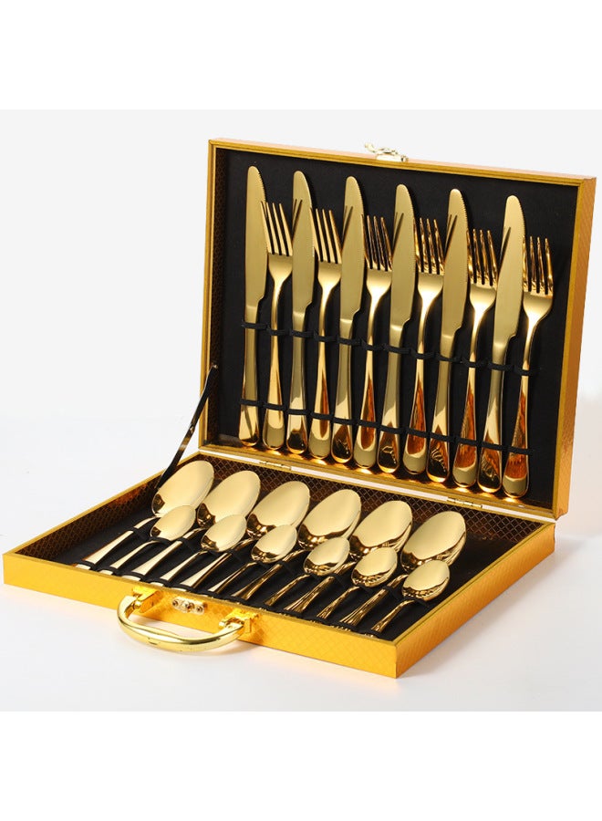 Stainless Steel 1010 Cutlery Set 24 Pieces Titanium Coated Western Dining Utensils Gift Box Set Export Gifts-Color:Gold 24-piece Set-gold Box  - Image 1