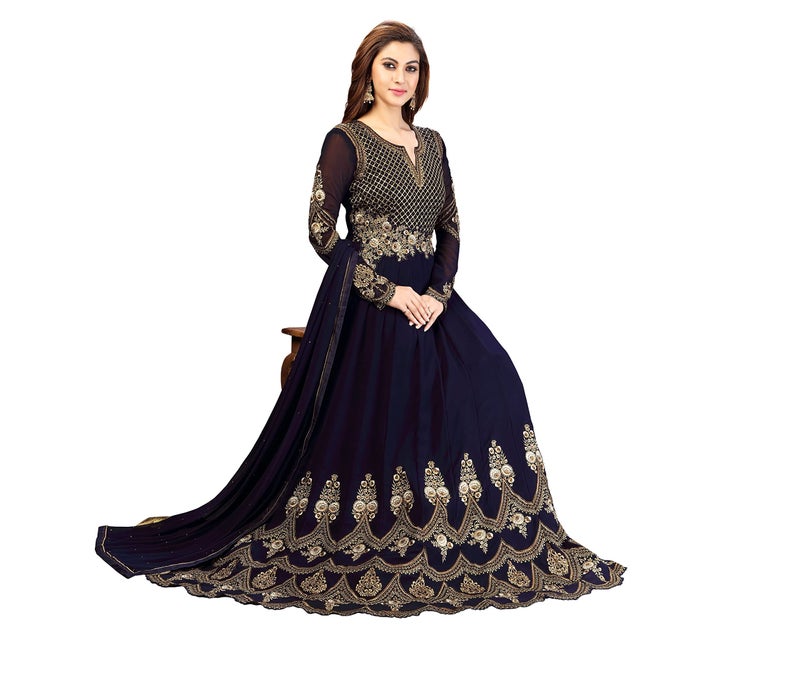 TRENDMALLS طقم أناركالي كورتا مزين بالتطريز من TRENDMALLS للنساء مع دوباتا (G42-أزرق-L) - Image 5