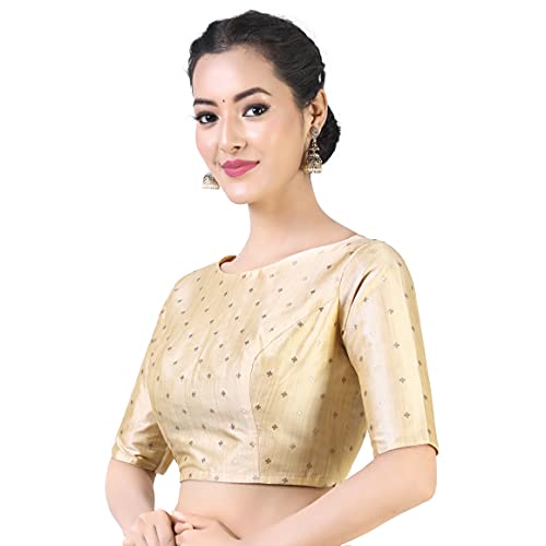 Studio Shringaar Women's Silky Brocade Readymade Elbow Length Sleeves Saree Blouse (Gold, 48) - Image 2