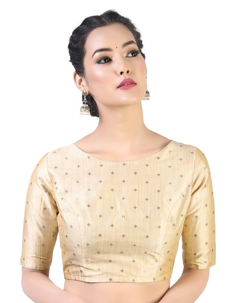 Studio Shringaar Women's Silky Brocade Readymade Elbow Length Sleeves Saree Blouse (Gold, 48) - Image 3
