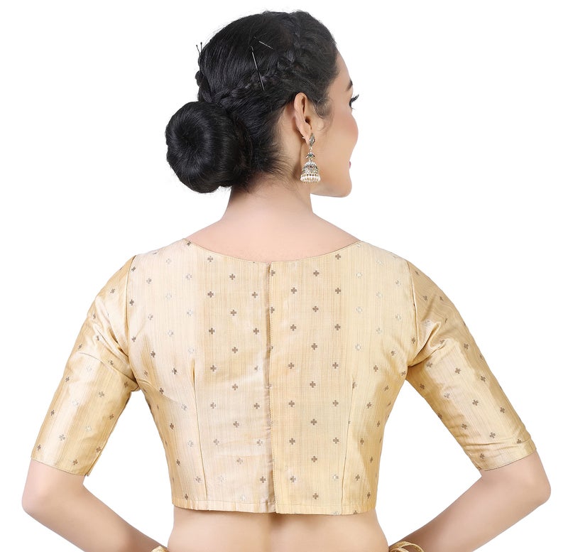 Studio Shringaar Women's Silky Brocade Readymade Elbow Length Sleeves Saree Blouse (Gold, 48) - Image 4