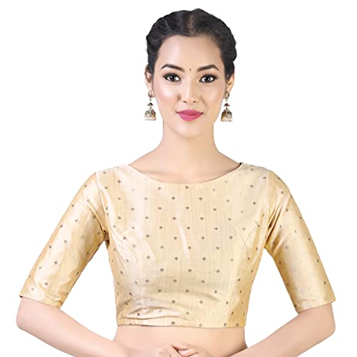 Studio Shringaar Women's Silky Brocade Readymade Elbow Length Sleeves Saree Blouse (Gold, 48) - Image 1