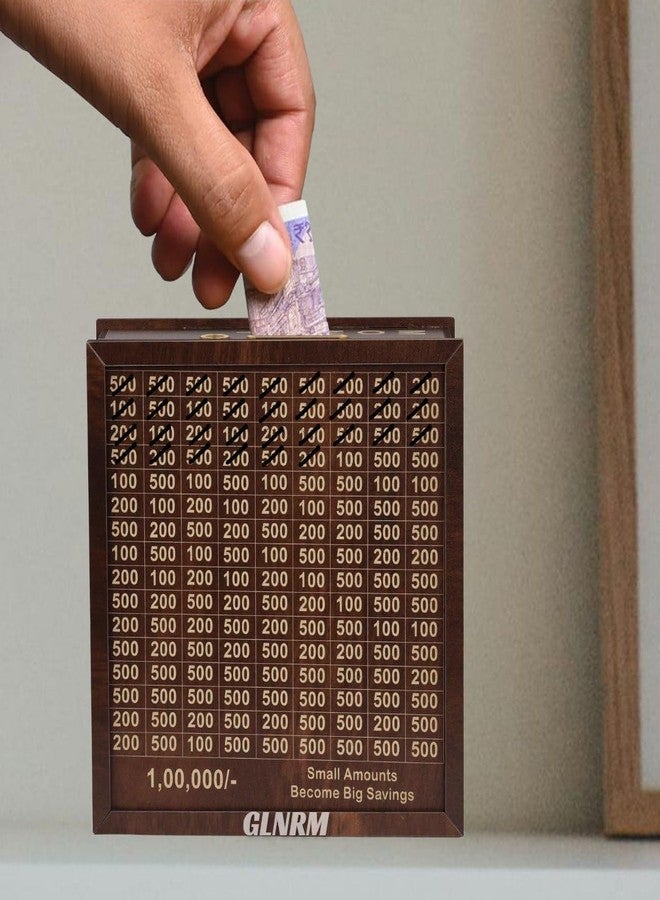 GLNRM صندوق توفير نقود خشبي من GLNRM - حصالة نقود بسعة 100,000 روبية، صندوق توفير نقود خشبي، صندوق نقود مع هدف نقود وأرقام للتحقق منها للأولاد والبنات والبالغين (موديل متعدد 1) - Image 2