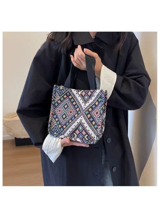 حقيبة نسائية حقيبة كبيرة سعة حقيبة حمل العرقية 04 حقيبة قماش عصرية Instagram College Student Class كتف حقيبة - اللون: أزرق كبير - Image 5
