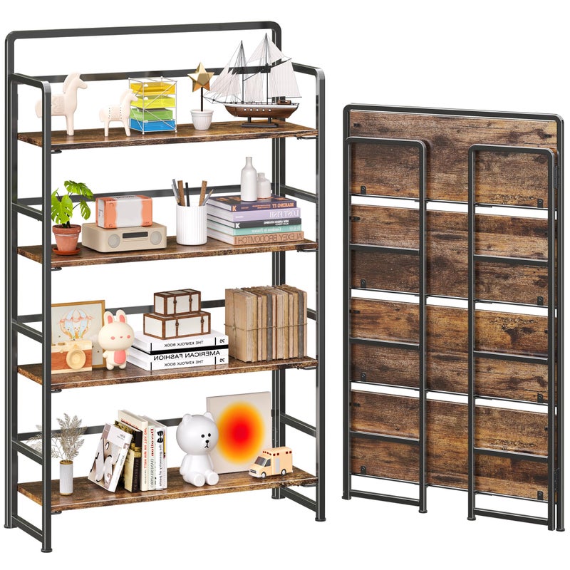4NM No Assembly Extra Wide 4 Tiers Folding Bookshelf Storage Shelves Vintage Bookcase Standing Racks Study Organizer Home Office (Rustic Brown Black) - Image 1