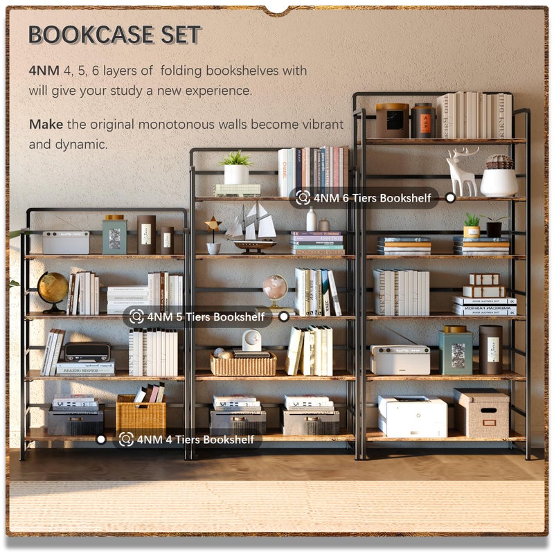 4NM No Assembly Extra Wide 4 Tiers Folding Bookshelf Storage Shelves Vintage Bookcase Standing Racks Study Organizer Home Office (Rustic Brown Black) - Image 4