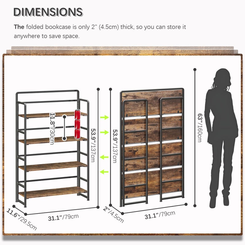 4NM No Assembly Extra Wide 4 Tiers Folding Bookshelf Storage Shelves Vintage Bookcase Standing Racks Study Organizer Home Office (Rustic Brown Black) - Image 5