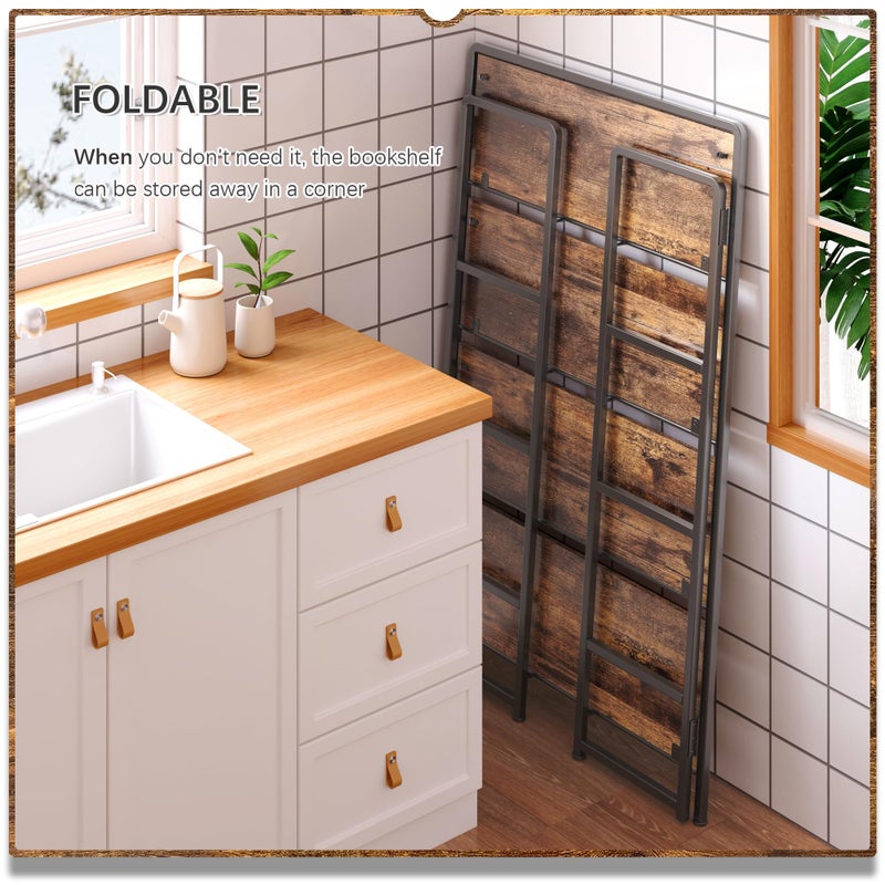 4NM No Assembly Extra Wide 4 Tiers Folding Bookshelf Storage Shelves Vintage Bookcase Standing Racks Study Organizer Home Office (Rustic Brown Black) - Image 3