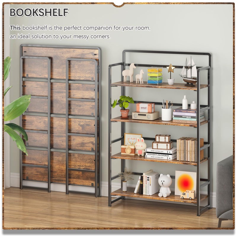 4NM No Assembly Extra Wide 4 Tiers Folding Bookshelf Storage Shelves Vintage Bookcase Standing Racks Study Organizer Home Office (Rustic Brown Black) - Image 2