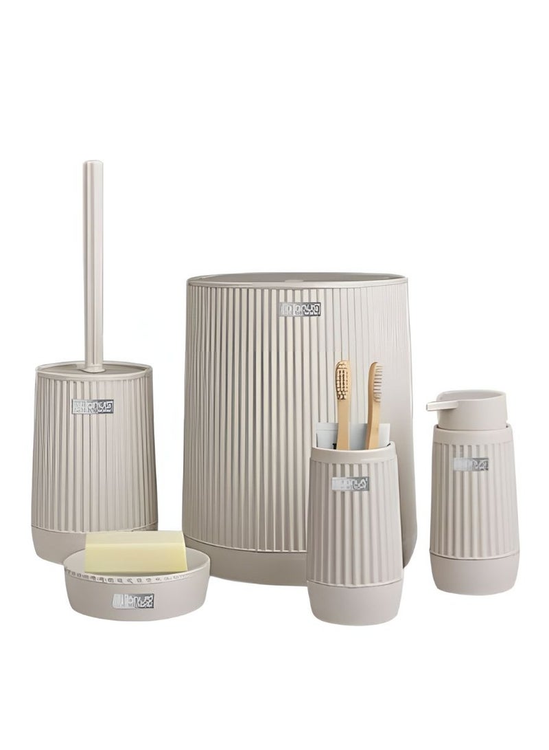 Okyanus 5 piece plastic bathroom accessories set includes toilet brush liquid soap dispenser trash bin toothbrush & toothpaste holder soap dish durable bathroom organizer kit beige  - Image 1