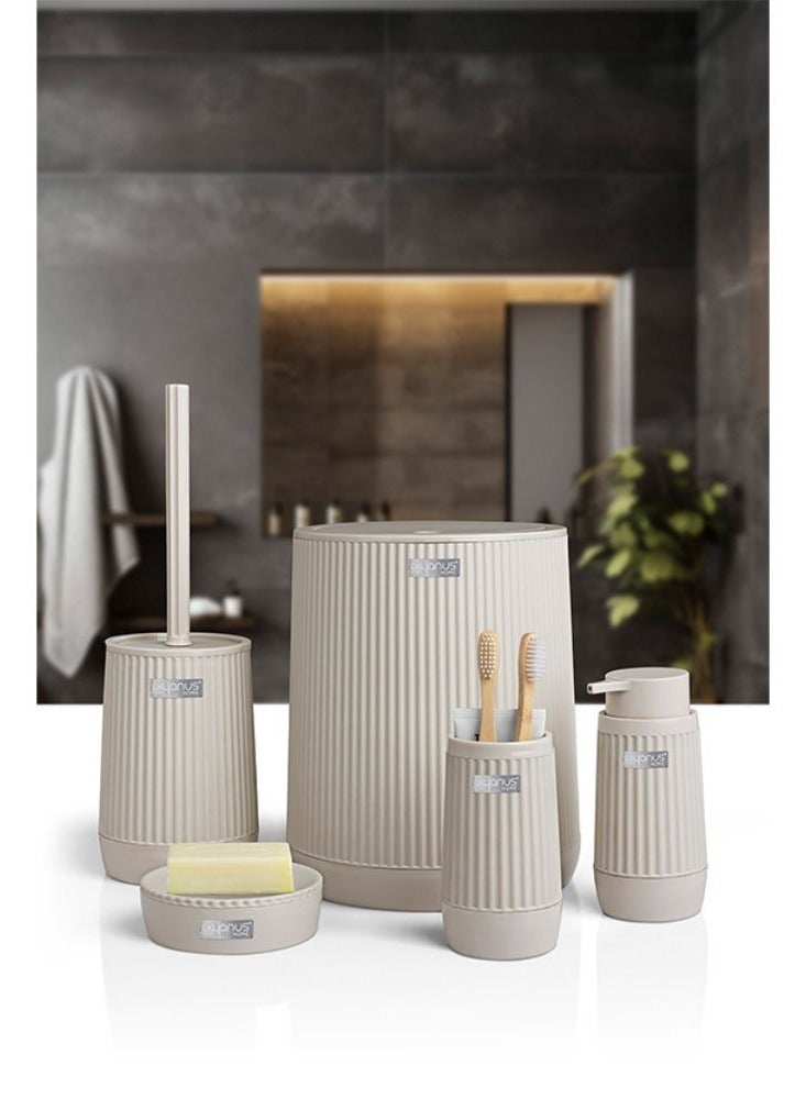 Okyanus 5 piece plastic bathroom accessories set includes toilet brush liquid soap dispenser trash bin toothbrush & toothpaste holder soap dish durable bathroom organizer kit beige  - Image 2