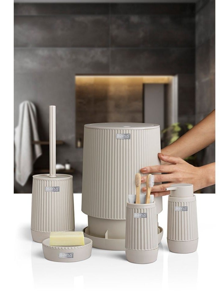 Okyanus 5 piece plastic bathroom accessories set includes toilet brush liquid soap dispenser trash bin toothbrush & toothpaste holder soap dish durable bathroom organizer kit beige  - Image 3