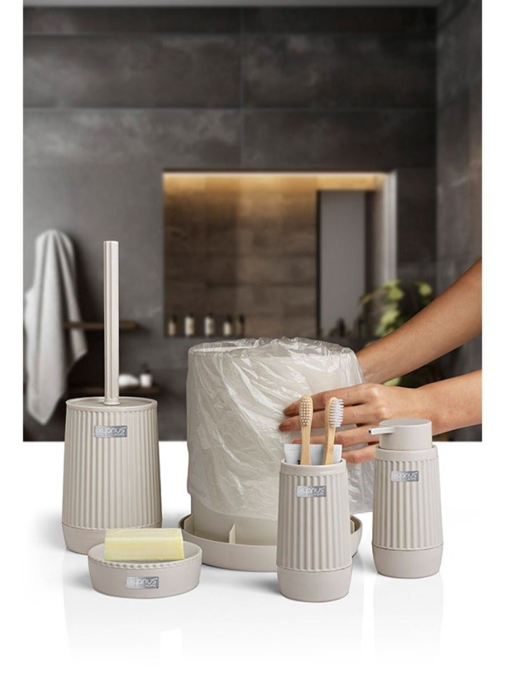Okyanus 5 piece plastic bathroom accessories set includes toilet brush liquid soap dispenser trash bin toothbrush & toothpaste holder soap dish durable bathroom organizer kit beige  - Image 4