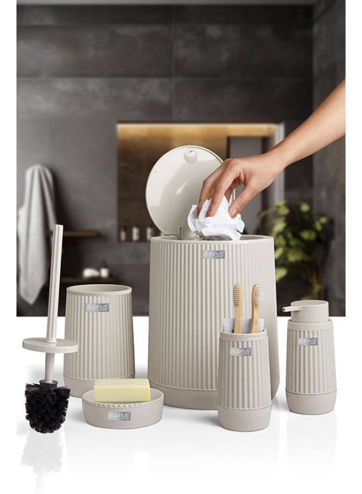 Okyanus 5 piece plastic bathroom accessories set includes toilet brush liquid soap dispenser trash bin toothbrush & toothpaste holder soap dish durable bathroom organizer kit beige  - Image 5