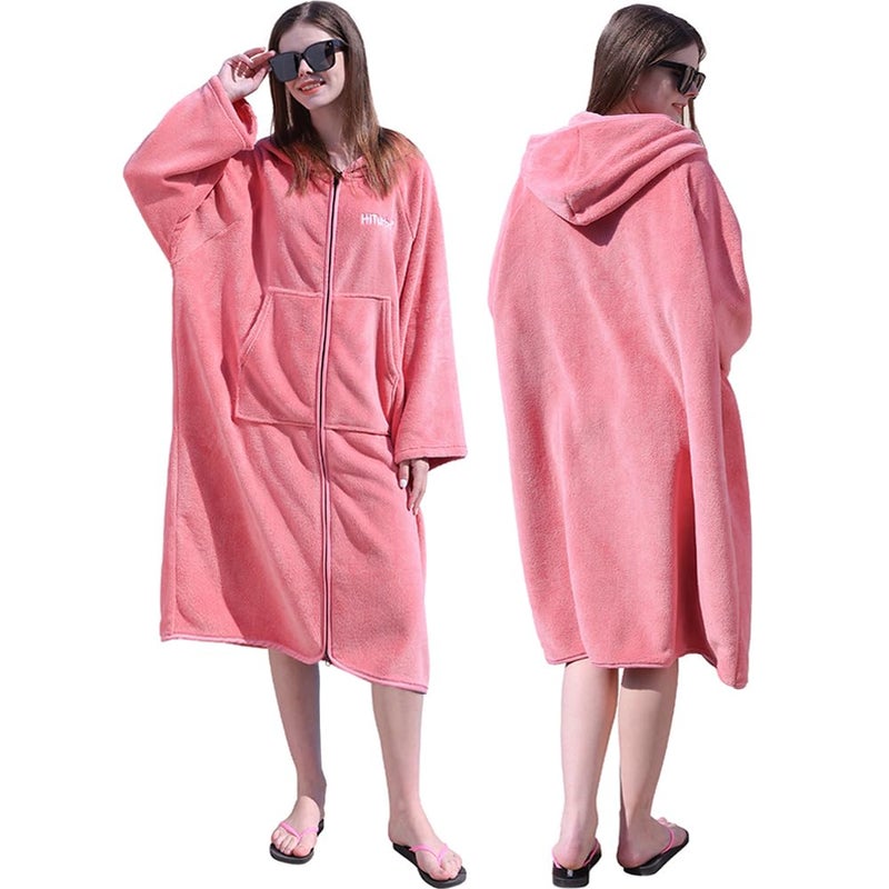 Hiturbo Surf Poncho Zipper Towel Hoodie Oversized Hooded Wetsuit Changing Robe with Pocket Plush Coral Fleece Swimwear for Home Beach Pool Bath Pink