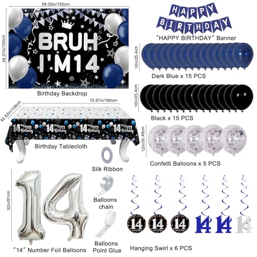 Nigifter 14th Birthday Decorations for Boys Girls 54 PCS Blue Black Party Decor 14 Year Old Boy Birthday Party Supplie with Banner Backdrop Hanging Swirls Tablecloth Bruh Its My Birthday Decorations - Image 5