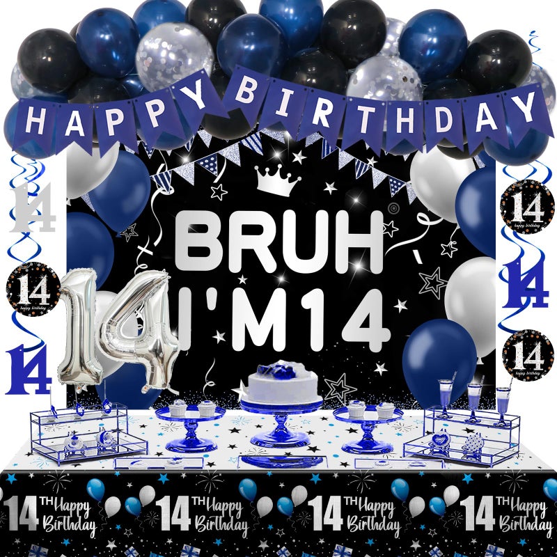 Nigifter 14th Birthday Decorations for Boys Girls 54 PCS Blue Black Party Decor 14 Year Old Boy Birthday Party Supplie with Banner Backdrop Hanging Swirls Tablecloth Bruh Its My Birthday Decorations - Image 3