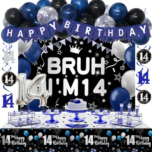 Nigifter 14th Birthday Decorations for Boys Girls 54 PCS Blue Black Party Decor 14 Year Old Boy Birthday Party Supplie with Banner Backdrop Hanging Swirls Tablecloth Bruh Its My Birthday Decorations - Image 1