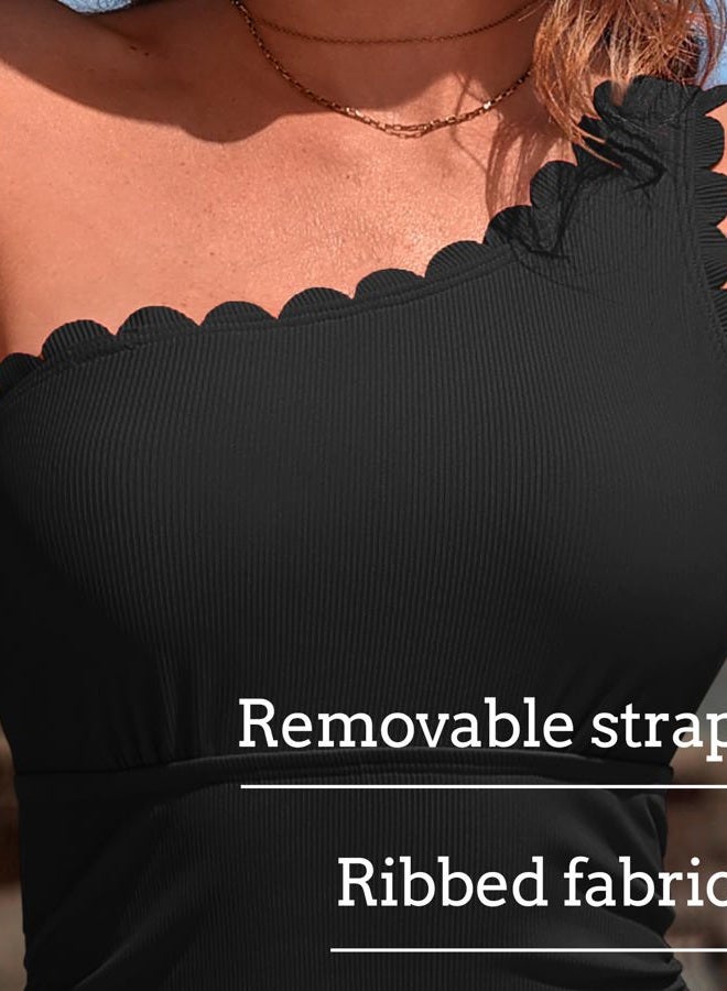 Charmo One Shoulder One Piece Swimsuit Women Ribbed Scalloped Bathing Suit Cutout 1 Piece Slimming Full Coverage Swim Suit, Black, S - Image 4
