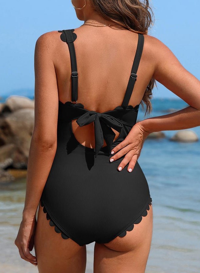 Charmo One Shoulder One Piece Swimsuit Women Ribbed Scalloped Bathing Suit Cutout 1 Piece Slimming Full Coverage Swim Suit, Black, S - Image 3