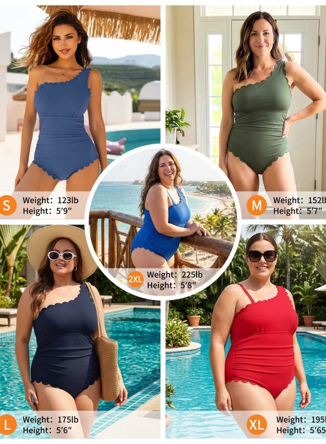 Charmo One Shoulder One Piece Swimsuit Women Ribbed Scalloped Bathing Suit Cutout 1 Piece Slimming Full Coverage Swim Suit, Black, S - Image 5