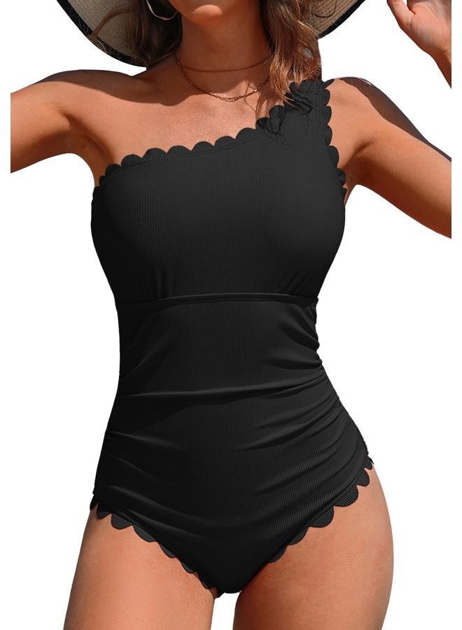 Charmo One Shoulder One Piece Swimsuit Women Ribbed Scalloped Bathing Suit Cutout 1 Piece Slimming Full Coverage Swim Suit, Black, S - Image 1