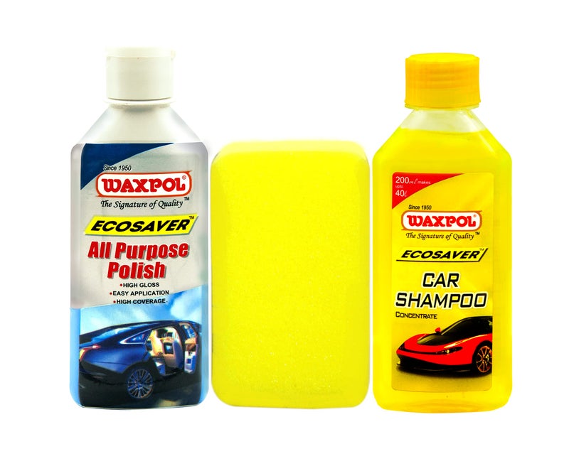 Waxpol Ecosaver Car & Bike Kit Wash Shampoo (200 ml)+ Waxpol All Purpose Polish (200 ml) + Foam Applicator Sponge (Pack of 3) - Image 1
