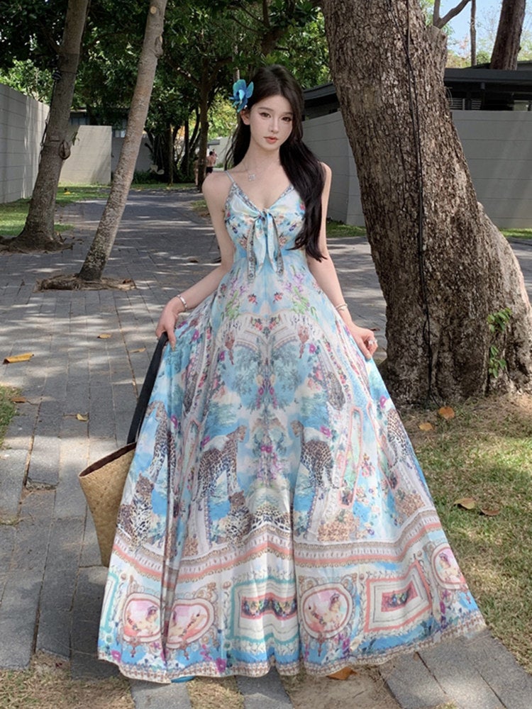 Tea break French pure desire colorful flower strap strap high waist vacation dress Bohemian beach dress - Image 3