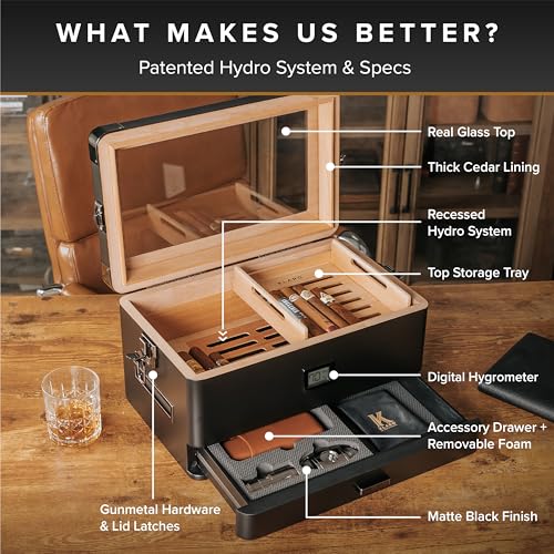 Case Elegance Black Edition 50 to 100 Cigar Cigar with Glass Top and Front Digital Hygrometer, Spanish Cedar, Cigar Solution, Hydro System and Foam Drawer for Accessories - Image 5