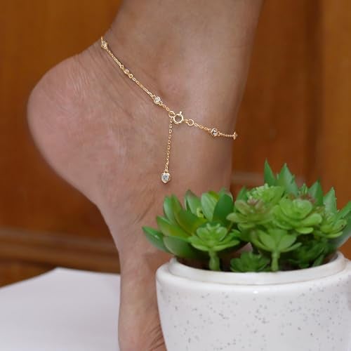 SAVEARTH DIAMONDS Station Anklet Bracelet For Women 3MM Round Lab Created Moissanite Bezel Set Single Piece Dainty Link Chain Anklet 10" in 14K Yellow Gold Plated 925 Sterling Silver Fine Jewelry Gift for Her - Image 5